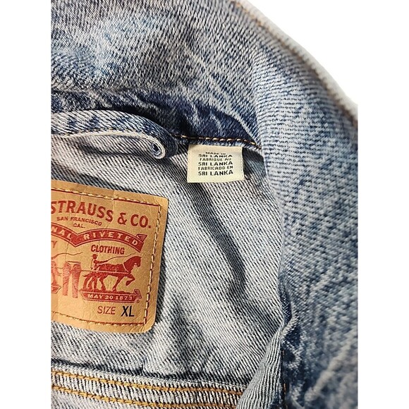 LEVIS Jacket Mens Extra-Large Trucker Cut Off Flannel Sleeves Denim Blue Jean XL - Picture 3 of 9